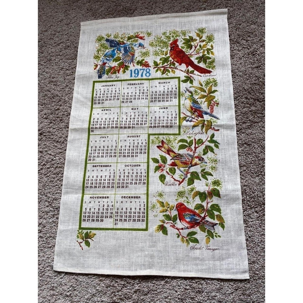 1978 Cloth Calendar Towel Cardinal Blue Jay Mockingbird Warbler Birds k3